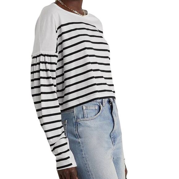 La Ligne NWT Stripe Cotton Jersey White Black Long Sleeve Top Sz L Drop Shoulder - Picture 1 of 11